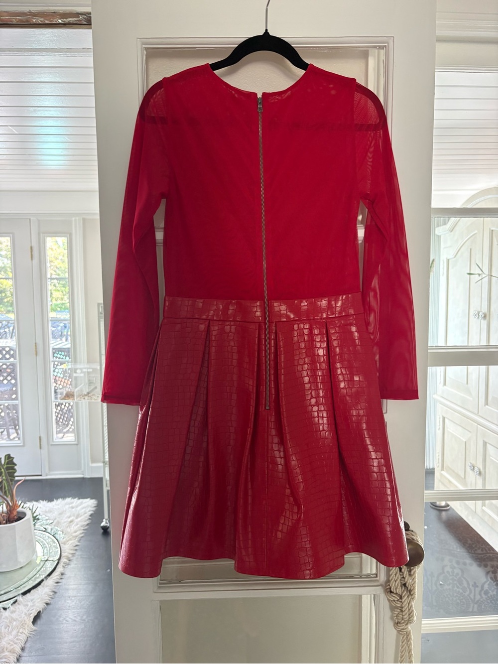 Alice + Olivia Red Textured Mesh-Sleeve Fit-and-Flare Dress